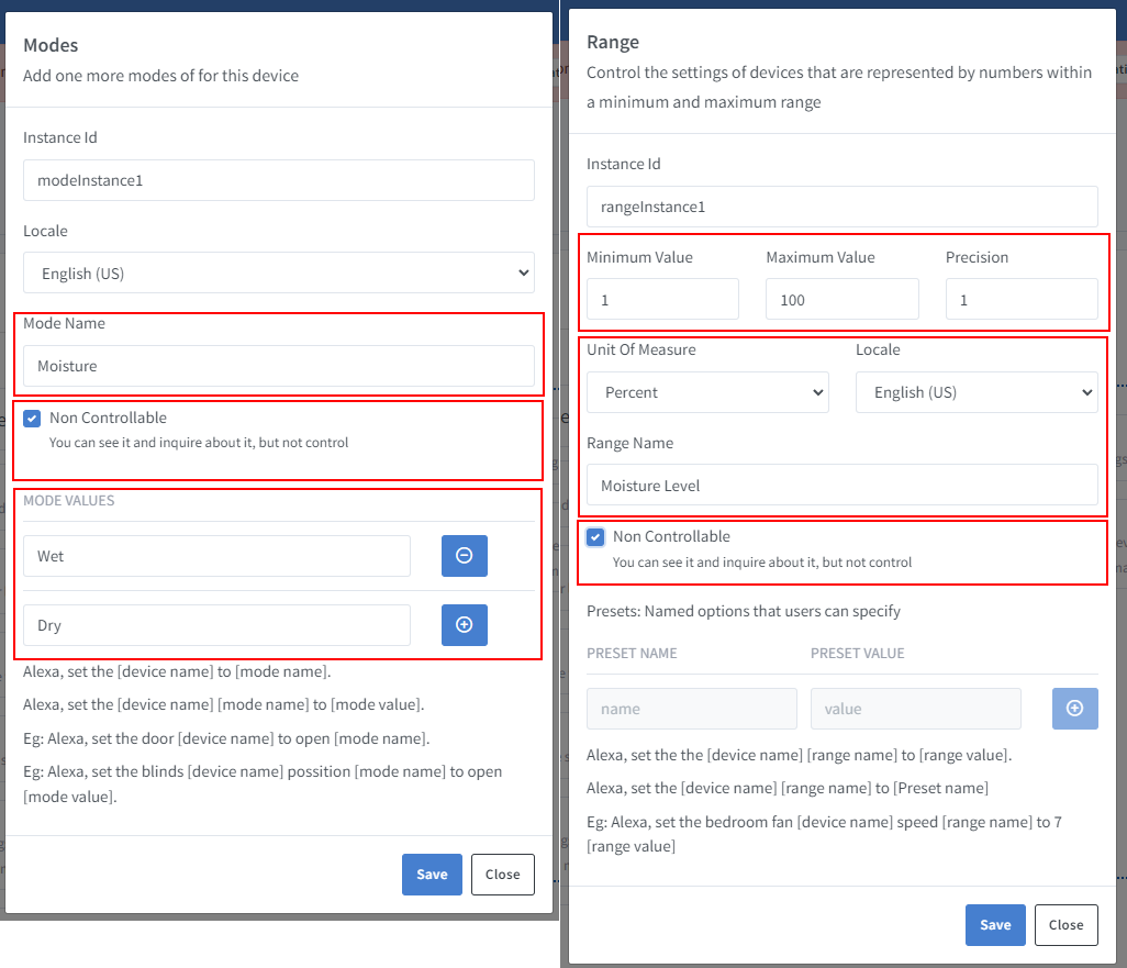 Sinric Pro moisture sensor template mode and range settings