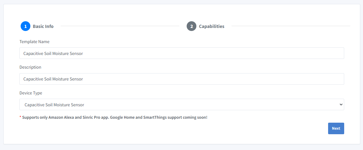 Sinric Pro capacitive soil moisture sensor device template