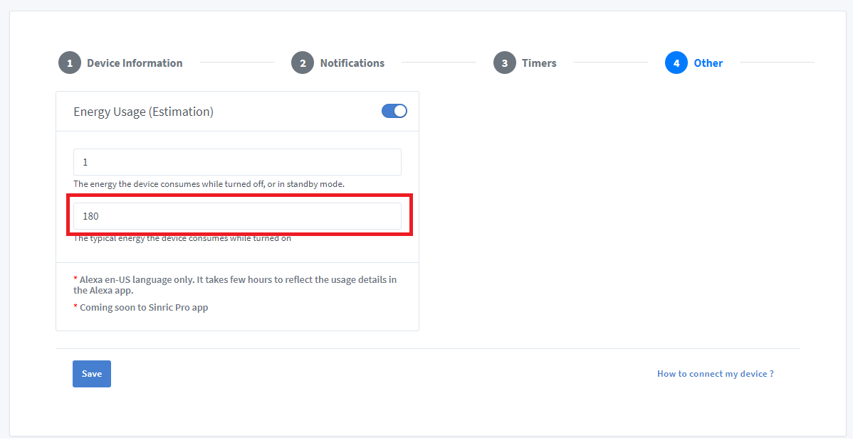 Sinric Pro enter device energy consumption