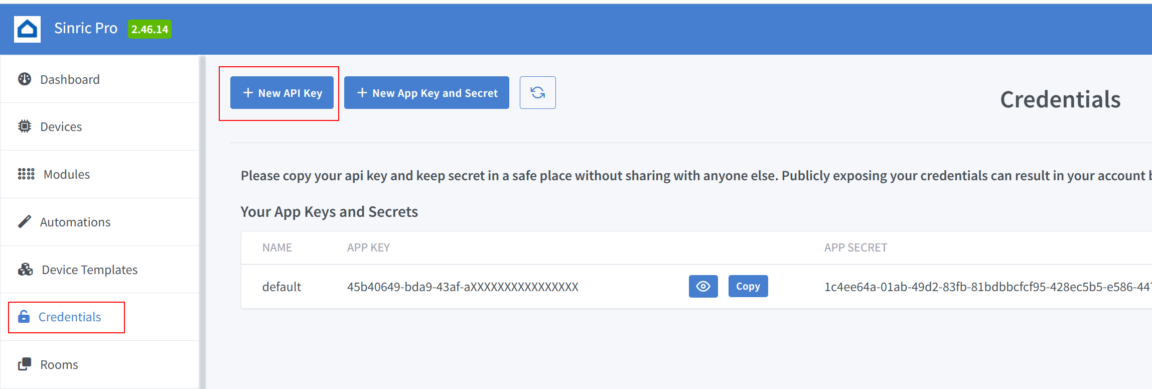 Sinric Pro - Create a new API key