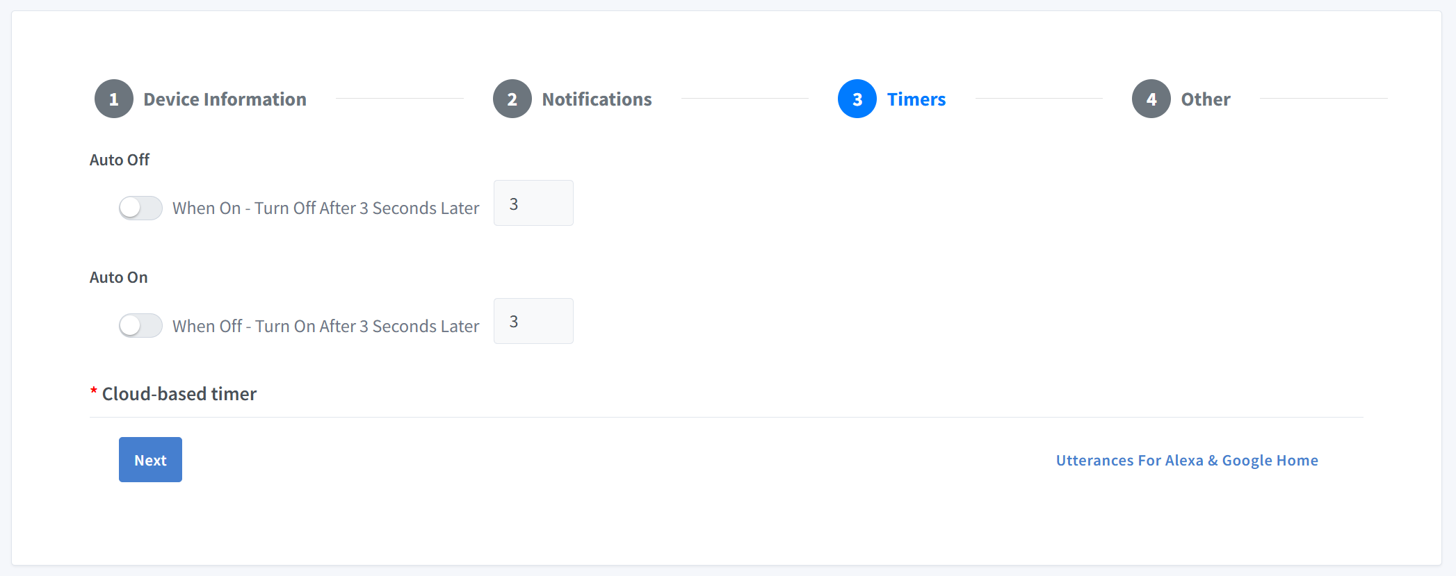 Sinric Pro device creation timers