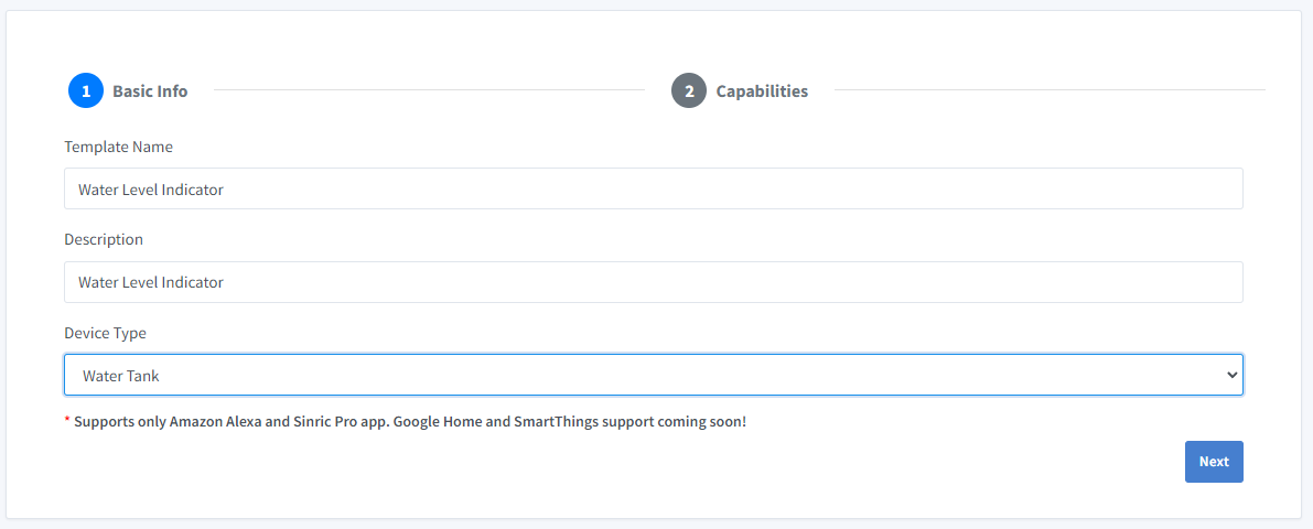 sinricpro water tank new device template basic info