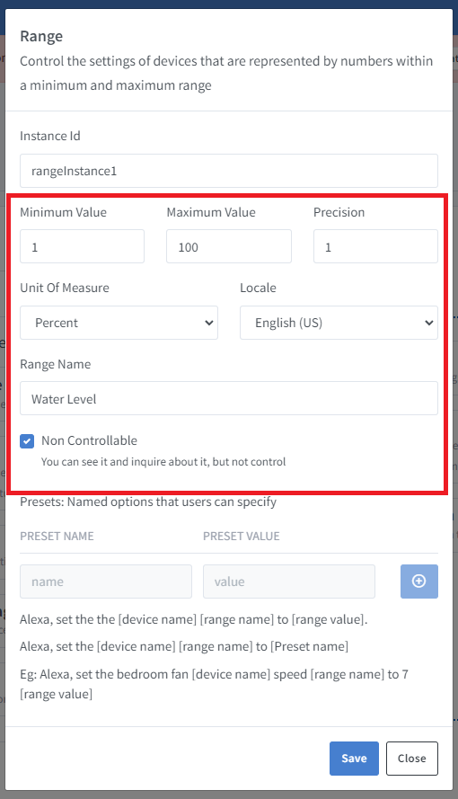 sinricpro water tank device template range capability